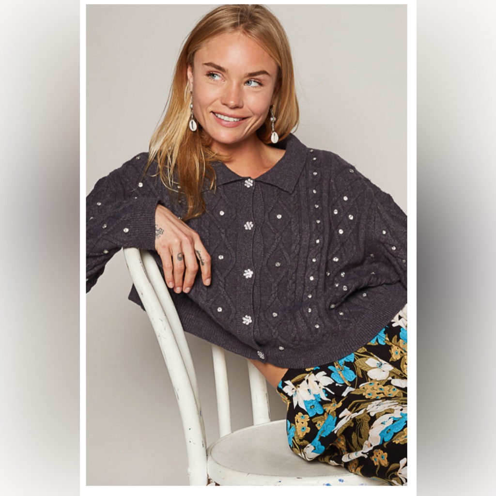 570 Pol Brand Rhinestone Cardigan In Charcoal